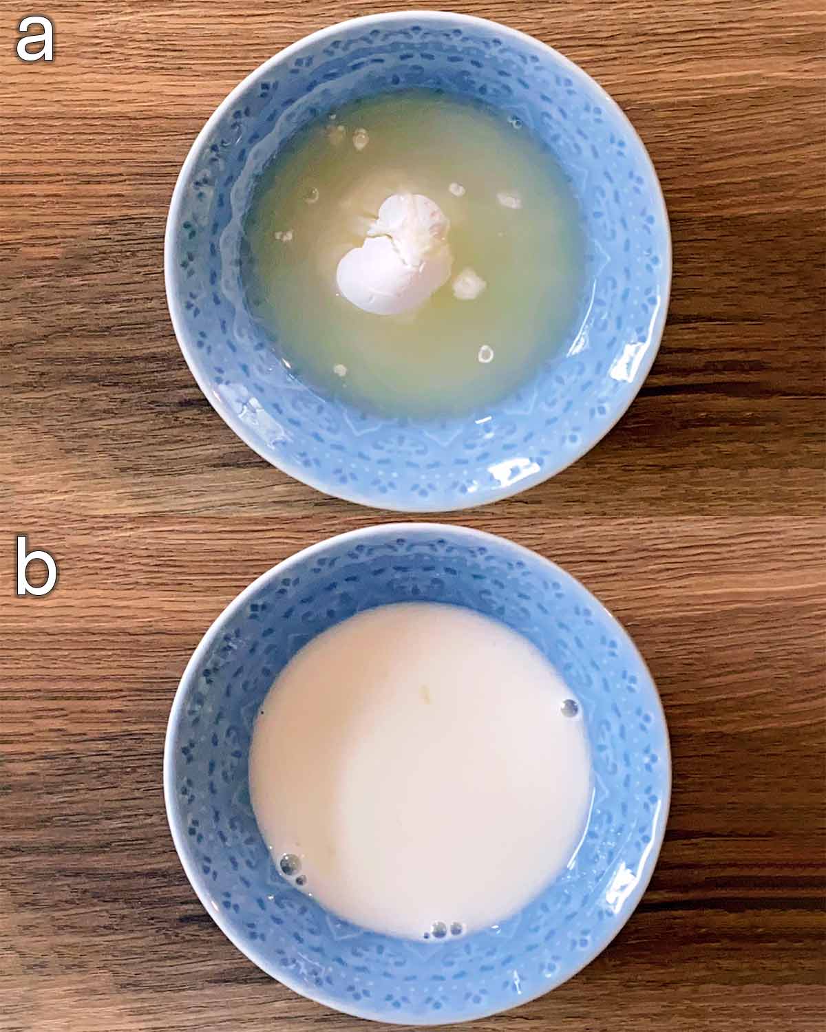 Two shot collage of cornflour slurry, before and after mixing.