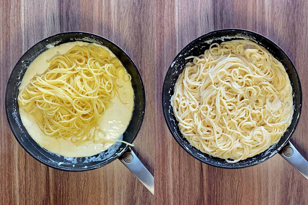 Two shot collage of spaghetti added to the pan, before and after mixing.
