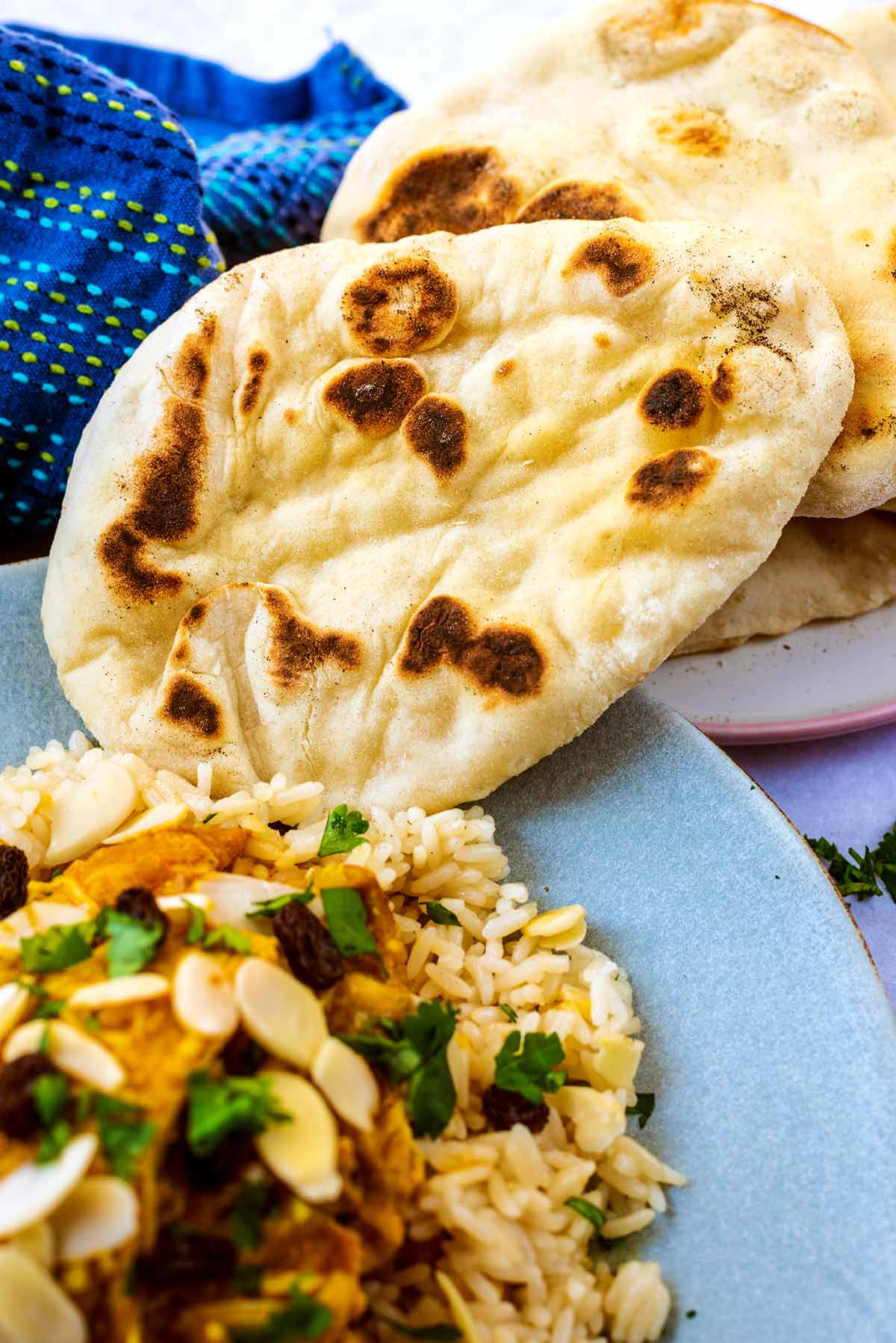 A naan bread on a plate with some curry and rice.