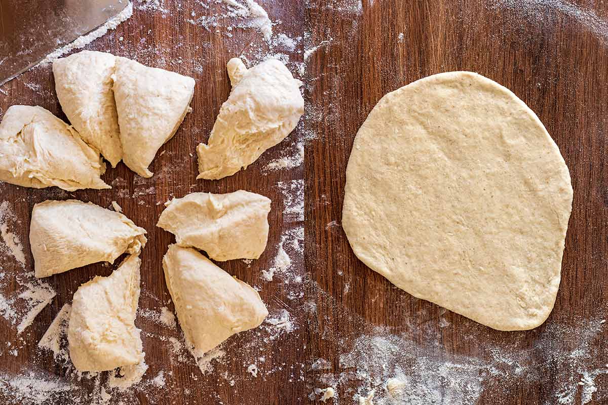 Two shot collage of the dough cut into eight pieces then one piece rolled into a naan shape.