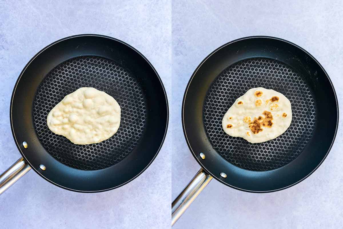 Two shot collage of a naan bread cooking in a pan, first uncooked then with charred spots.