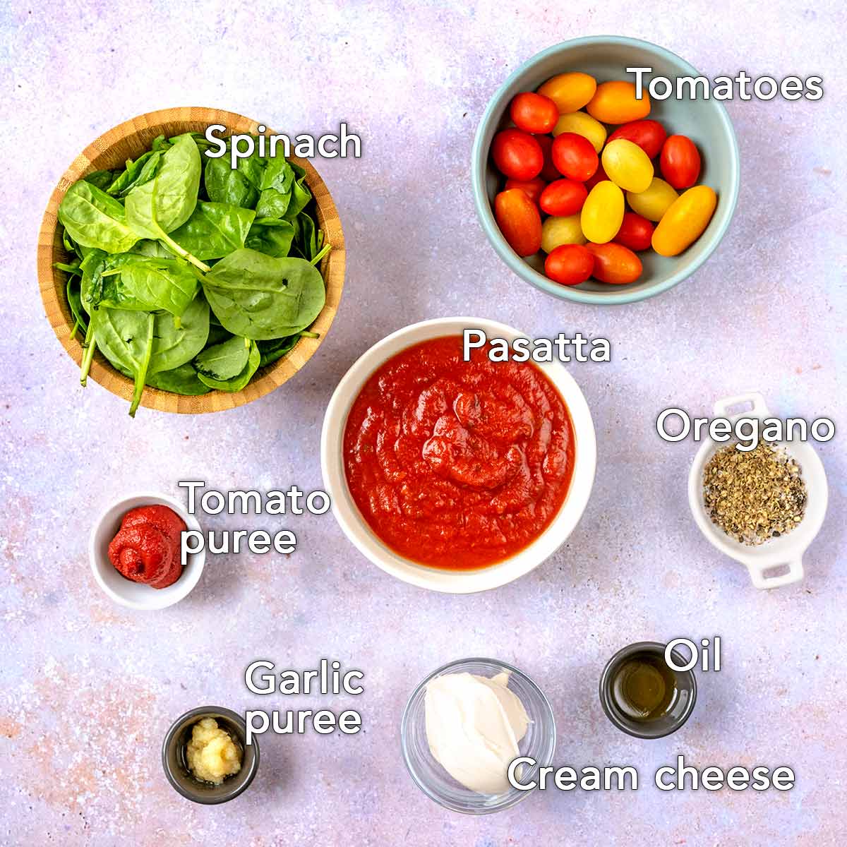 All the ingredients needed for this recipe with text overlay labels.