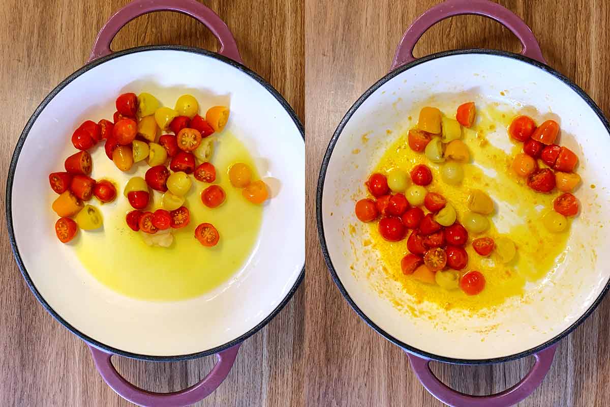 Two shot collage of cherry tomatoes in a pan, before and after cooking.