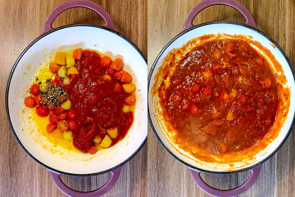 Two shot collage of passata added to the pan and then mixed.