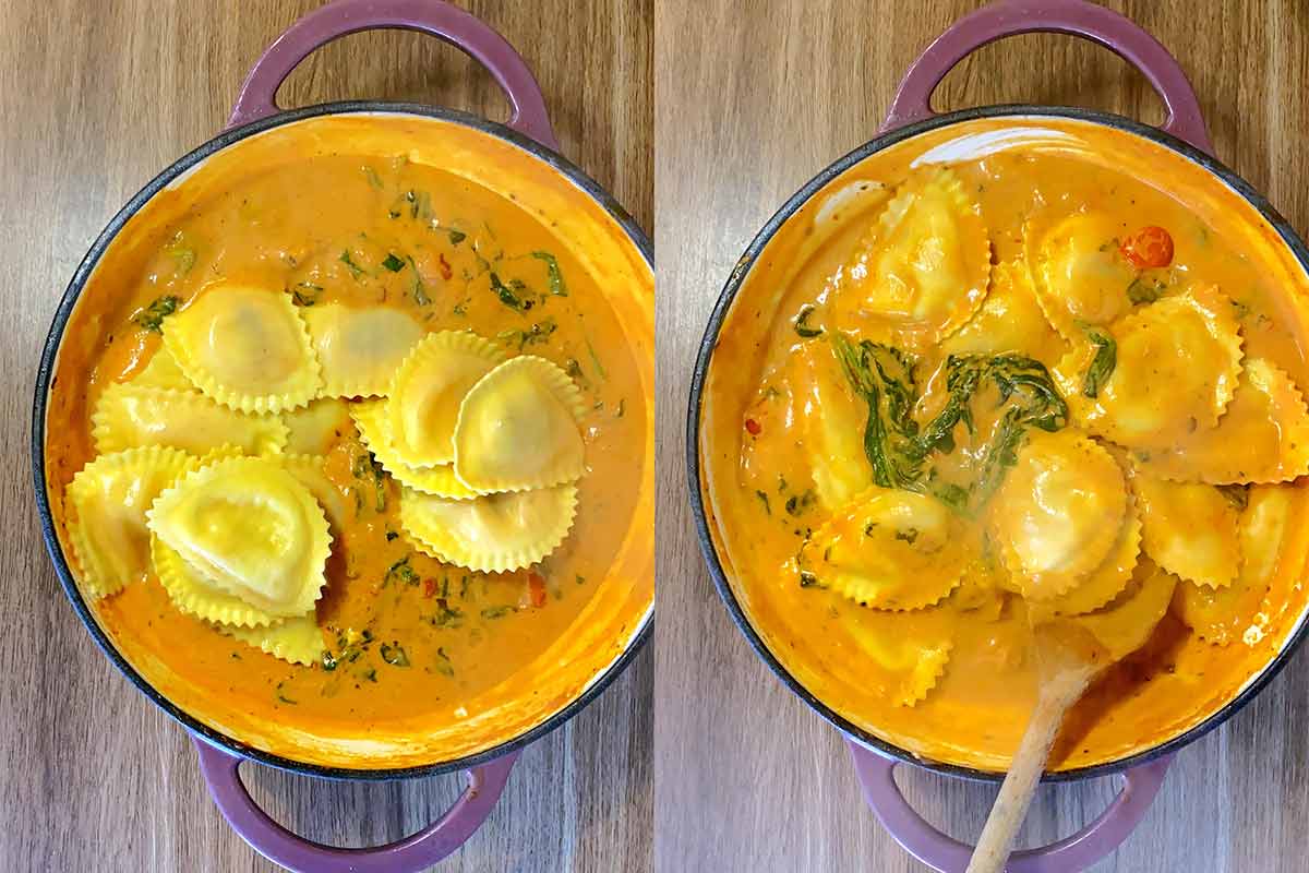 Two shot collage of ravioli added to the pan and then mixed in to the sauce.