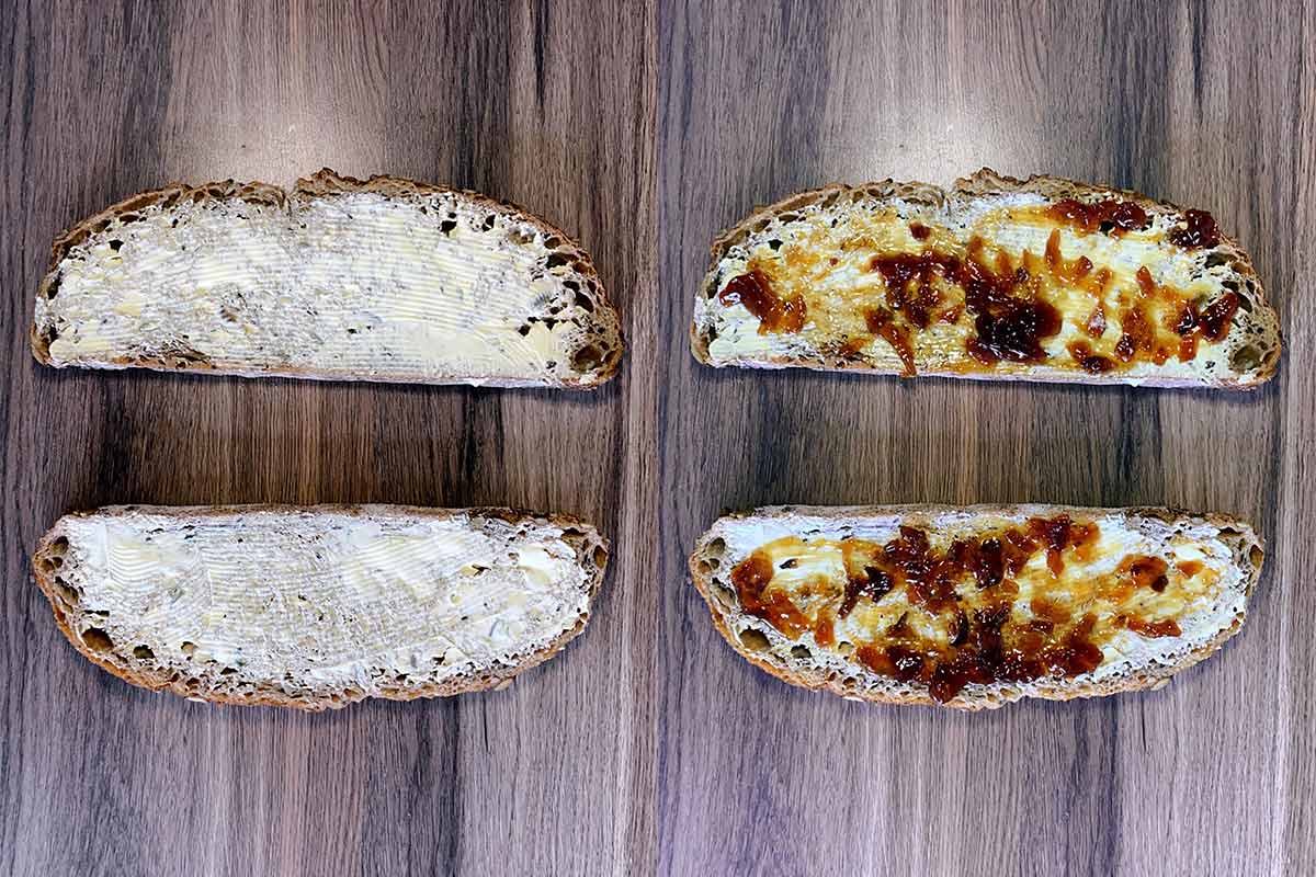 Two shot collage of two slices of bread, first buttered then with chutney spread over them.