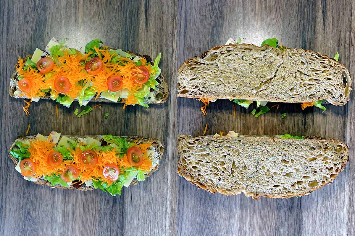 Two shot collage of tomatoes added and then another slice of bread.