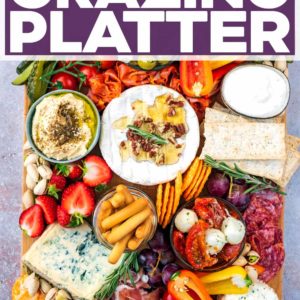 A grazing platter with a text title overlay.