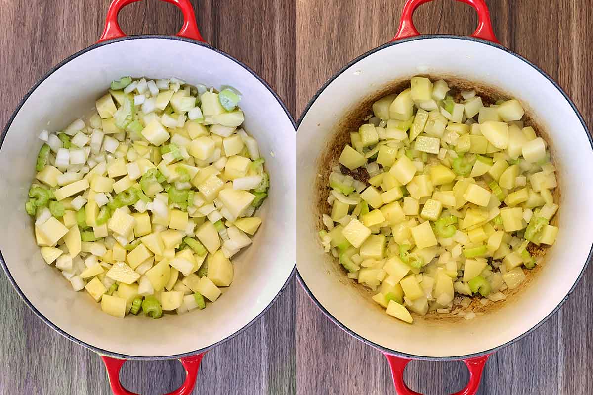 Two shot collage of potato, celery and onion cooking in a large pan.