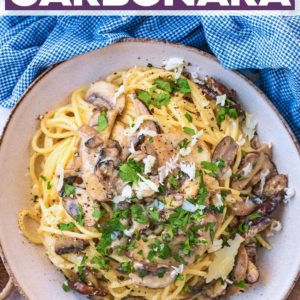 Mushroom carbonara with a text title overlay.