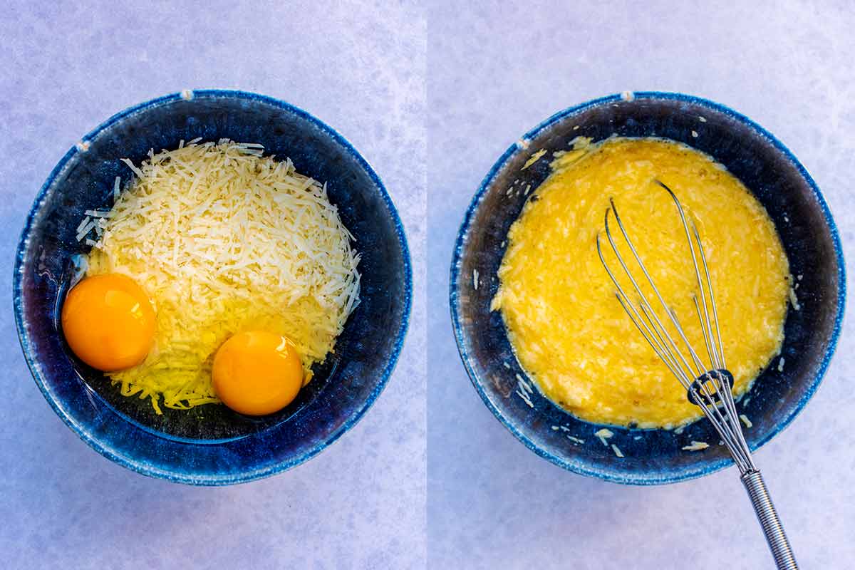 Two shot collage of grated cheese and aggs in a bowl, before and after mixing.
