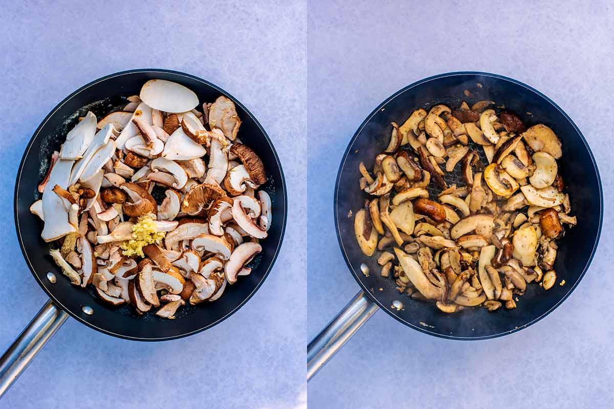 Two shot collage of mushrooms in a frying pan, before and after cooking.