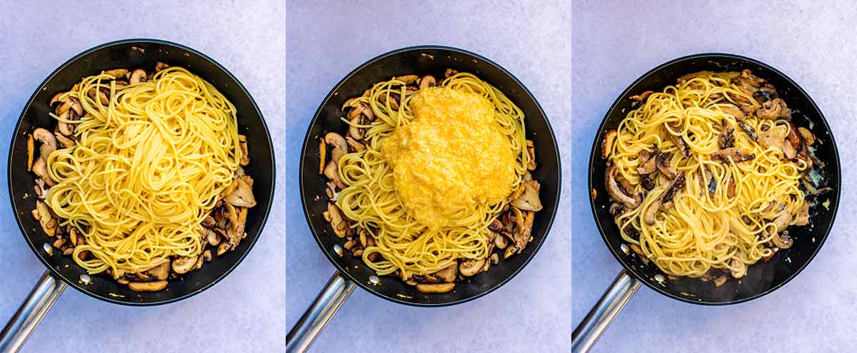 Three shot collage of spaghetti added to the mushrooms, then the egg mix then all mixed together.