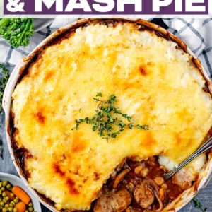 Sausage and mash pie with a text title overlay.