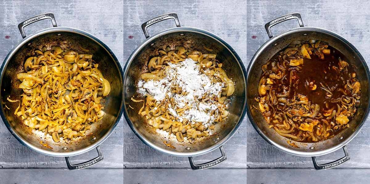 Three shot collage of onions and mushrooms cooking in a pan, then with flour added then with stock added.
