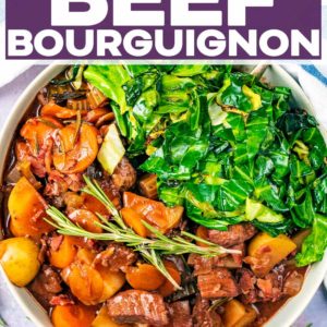 Slow cooker beef bourguignon with a text title overlay.