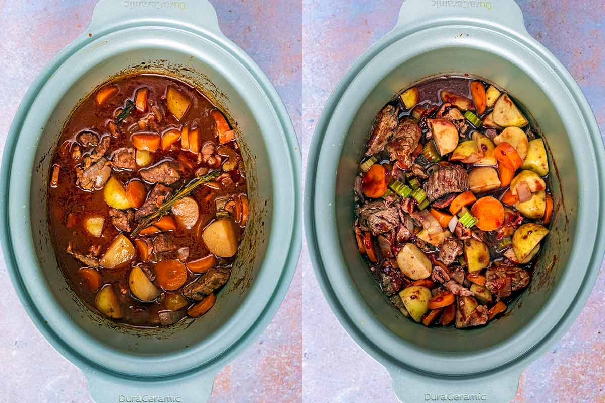 Two shot collage of a slow cooker bowl containing beef bourguignon, before and after cooking.