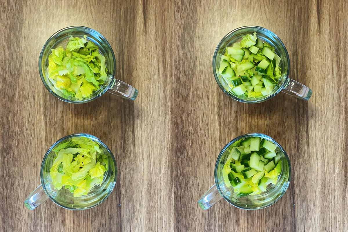 Two shot collage of serving glasses with chopped lettuce in them then chopped cucumber added.