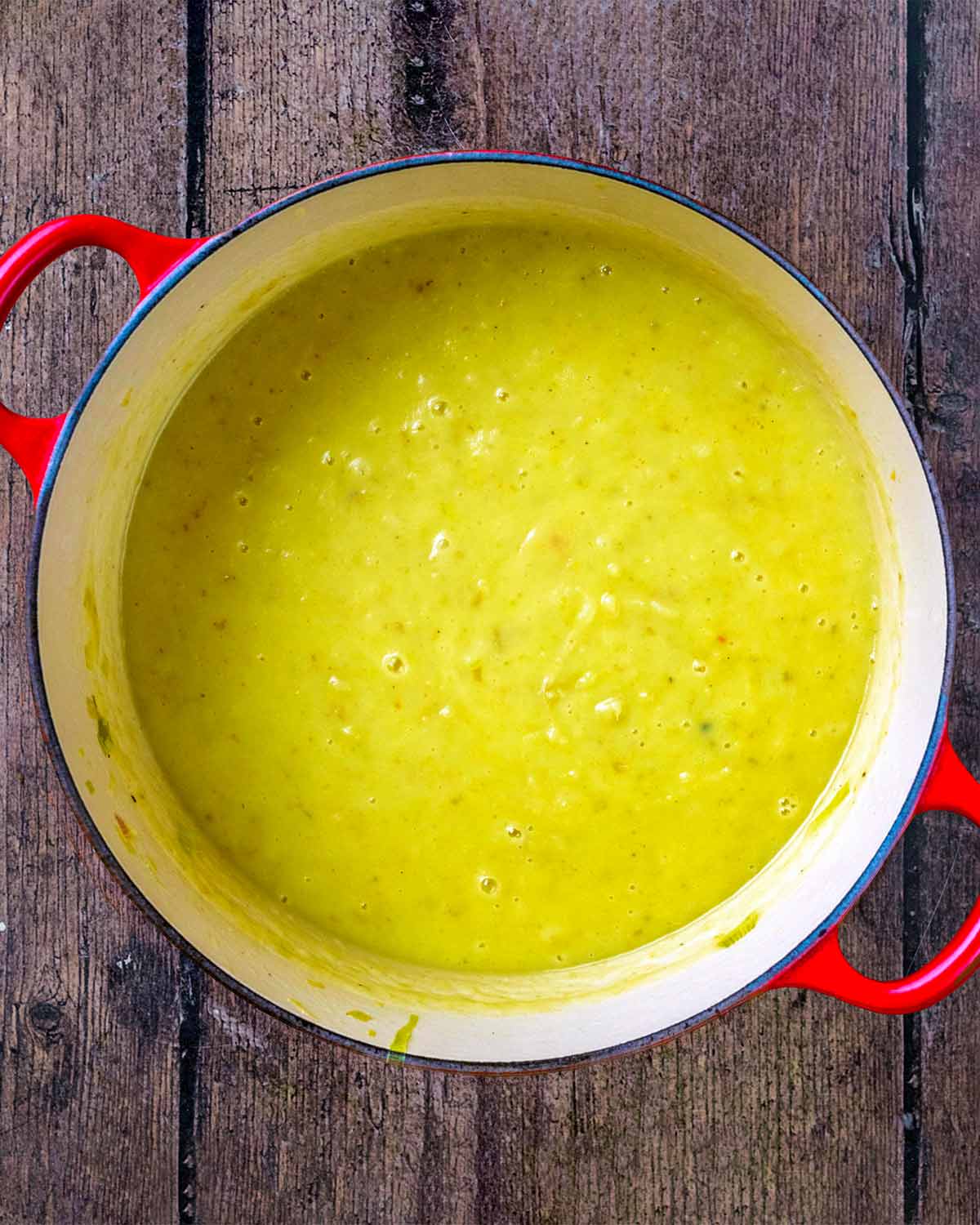 Blended soup in the pan.