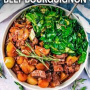 Slow cooker beef bourguignon with a text overlay title.