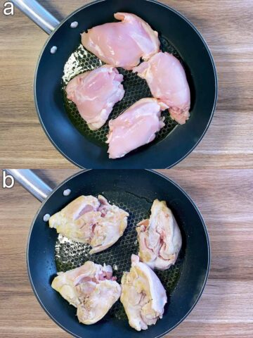 Two shot collage of chicken thighs in a frying pan, before and after browning.