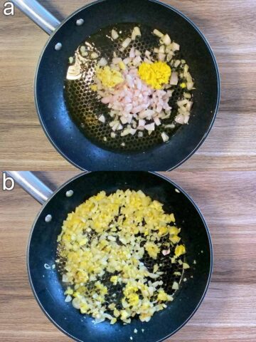Two shot collage of chopped shallots, garlic and ginger in a pan, before and after cooking.