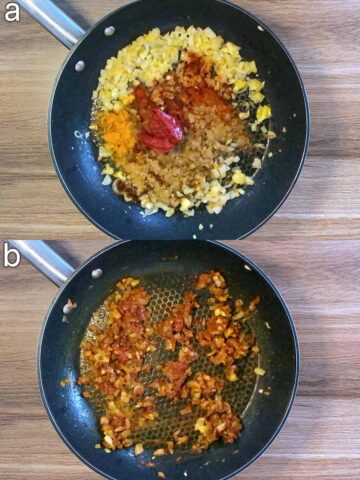 Before and after mixing shot of the tomato puree and spices added to the pan.