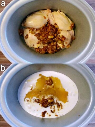 Two shot collage of the chicken and shallot mix in the slow cooker, then with the coconut milk and stock added.