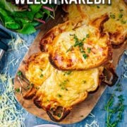 Welsh rarebit with a text overlay title.