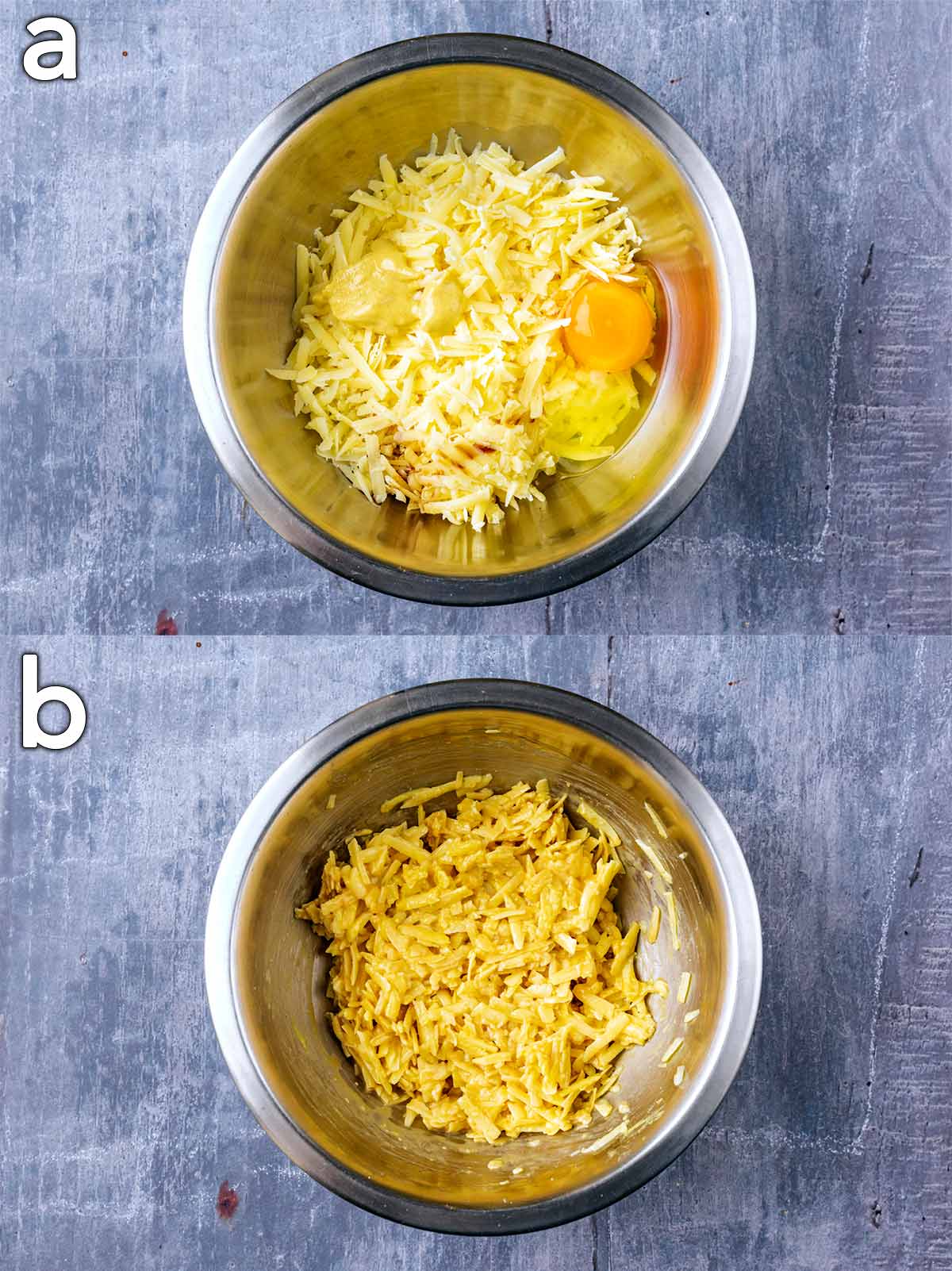 Two shot collage of grated cheese, cracked egg and mustard in a bowl, before and after mixing.