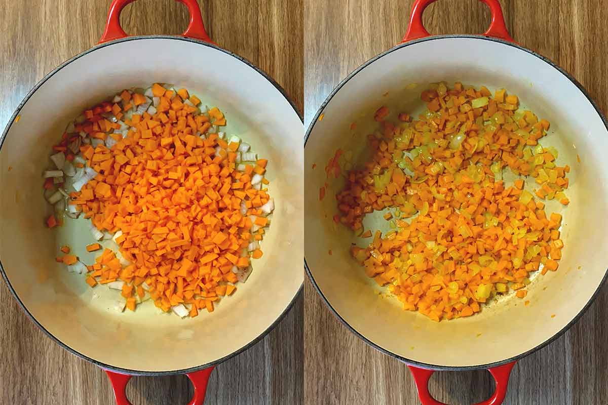 Two shot collage of carrots and onions in a pan, before and after cooking.