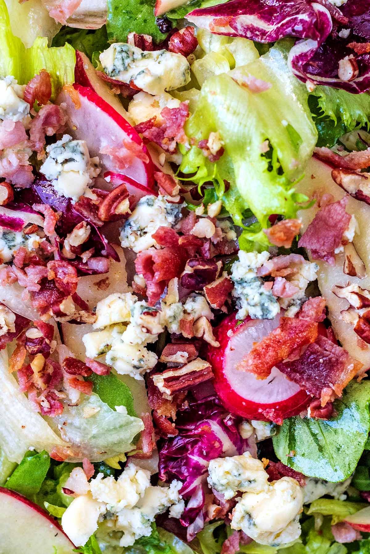 Chopped bacon and crumbled blue cheese on top of salad leaves.