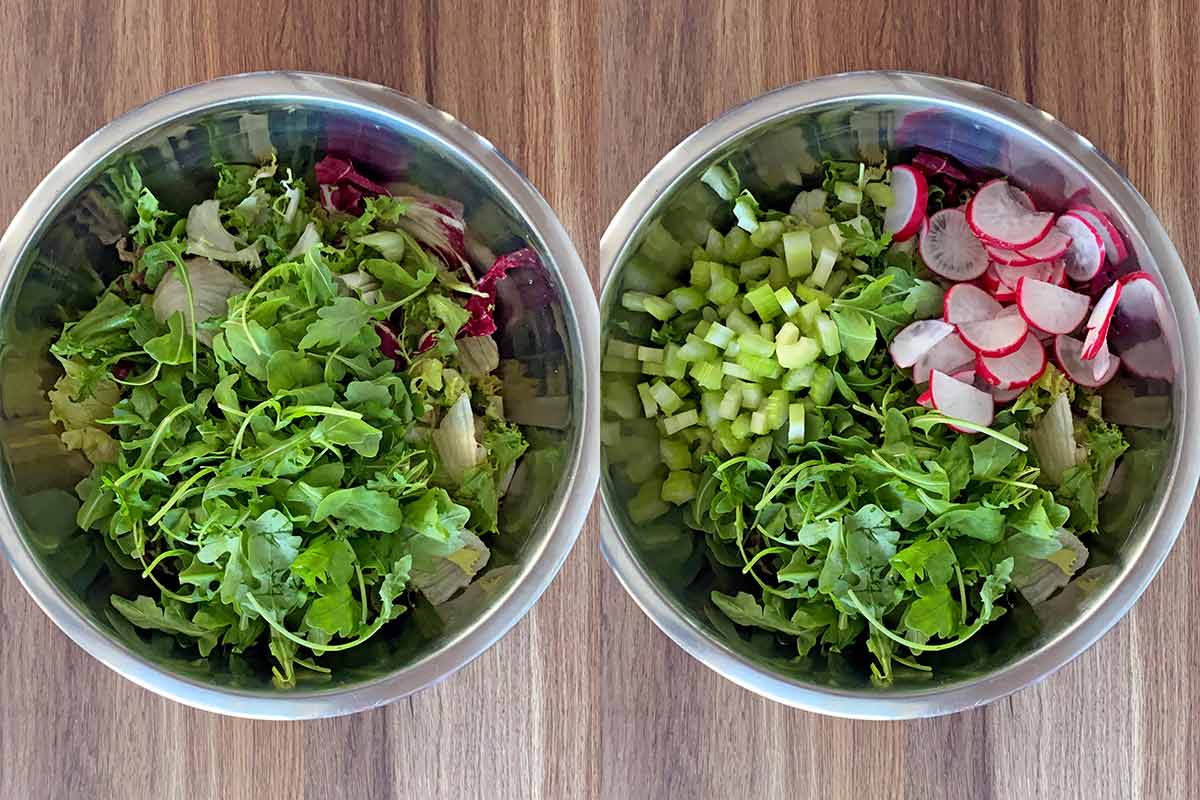 Two shot collage of lettuce leaves in a bowl then sliced radish and celery added.