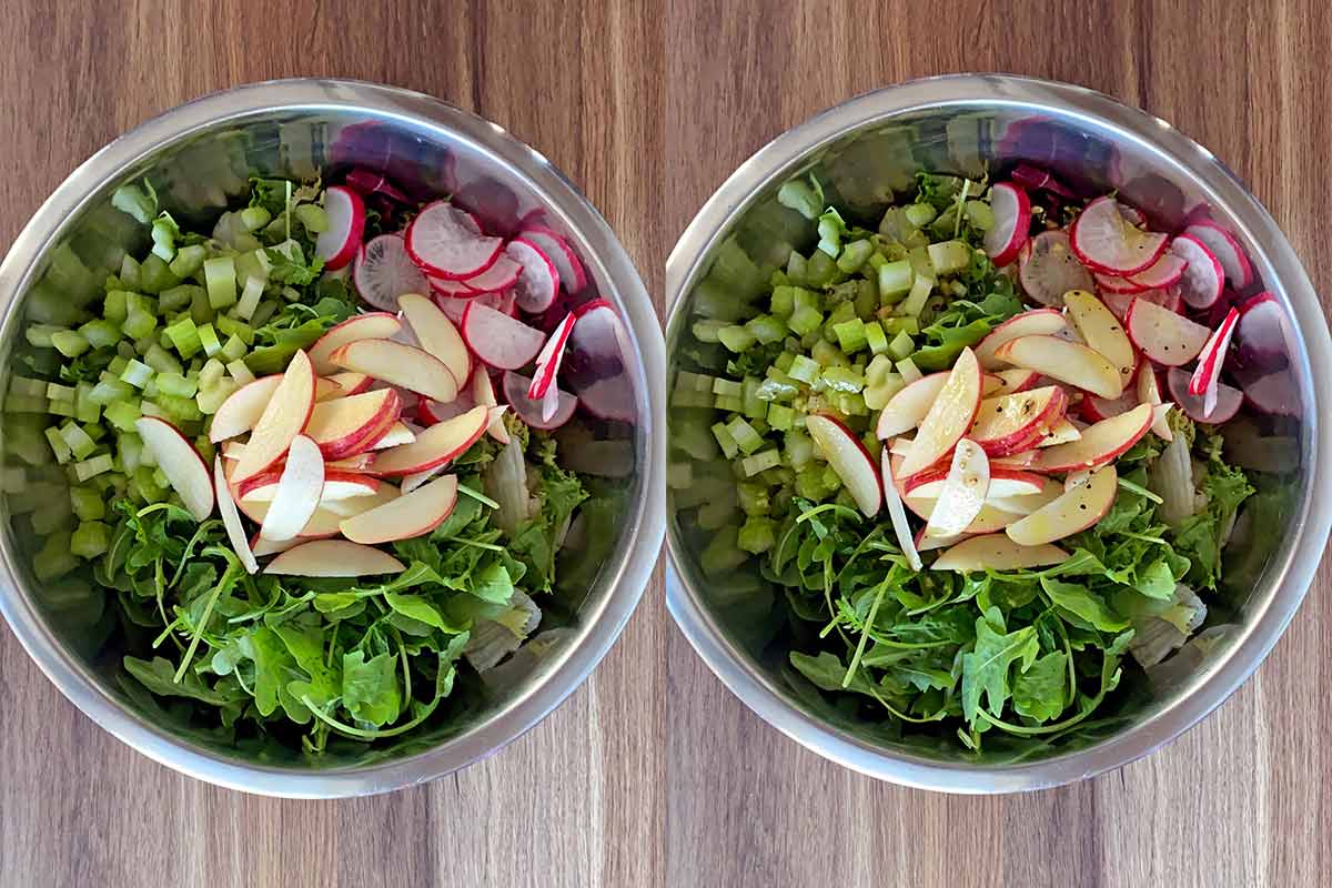 Two shot collage of sliced apples added and then the dressing poured over.