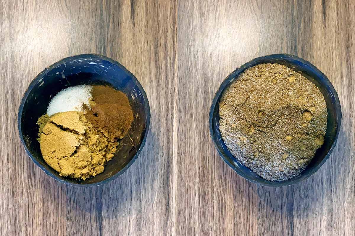 Two shot collage of a small bowl containing whte sugar, brown sugar and ground cinnamon, before and after mixing.