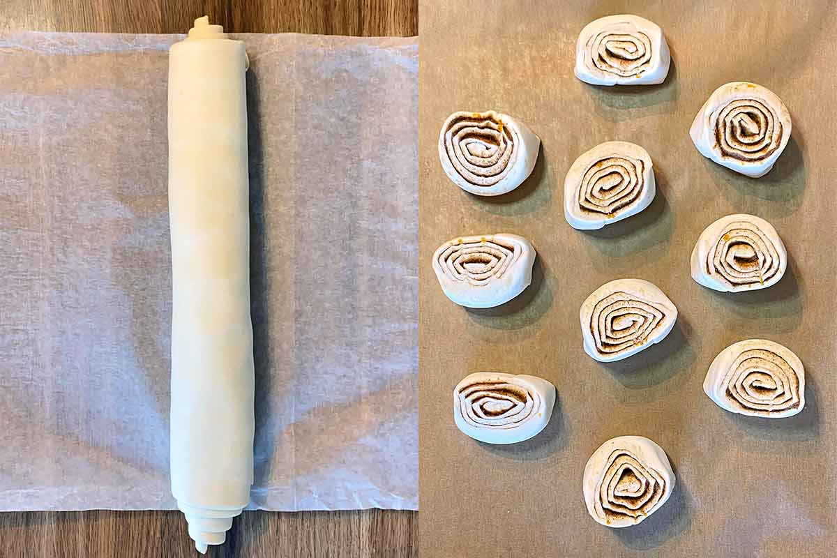Two shot collage of the pastry rolled up and then cut into swirls.