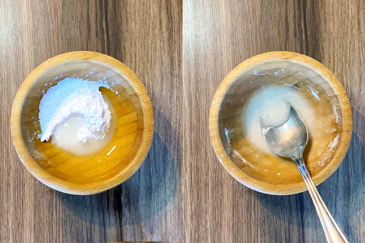 Two shot collage of icing sugar and water in a bowl, before and after mixing.