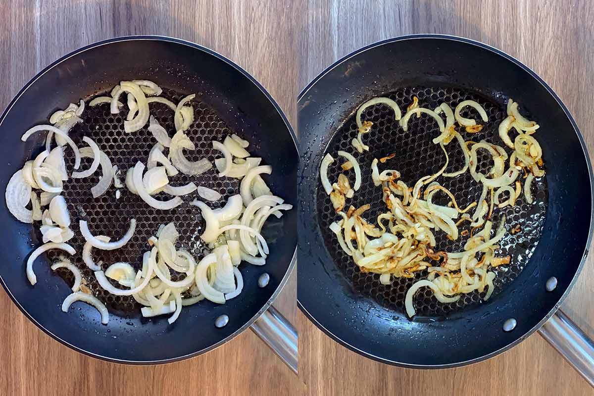 Two shot collage of sliced onions in a frying pan, before and after cooking.
