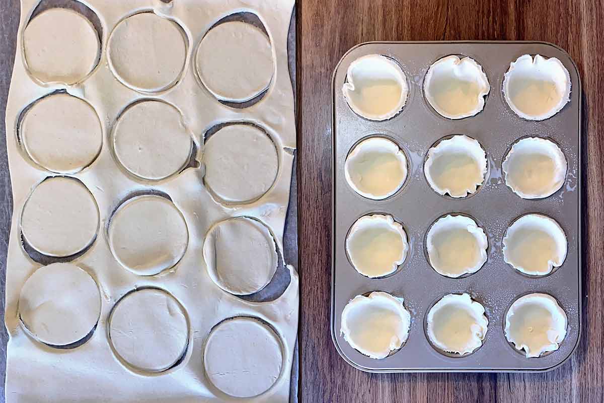 Two shot collage of a sheet of puff pastry cut into circles then put into a muffin tin.