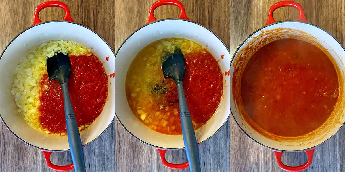 Three shot collage of tomatoes added to the pan, then stock and tomato puree then all mixed together.