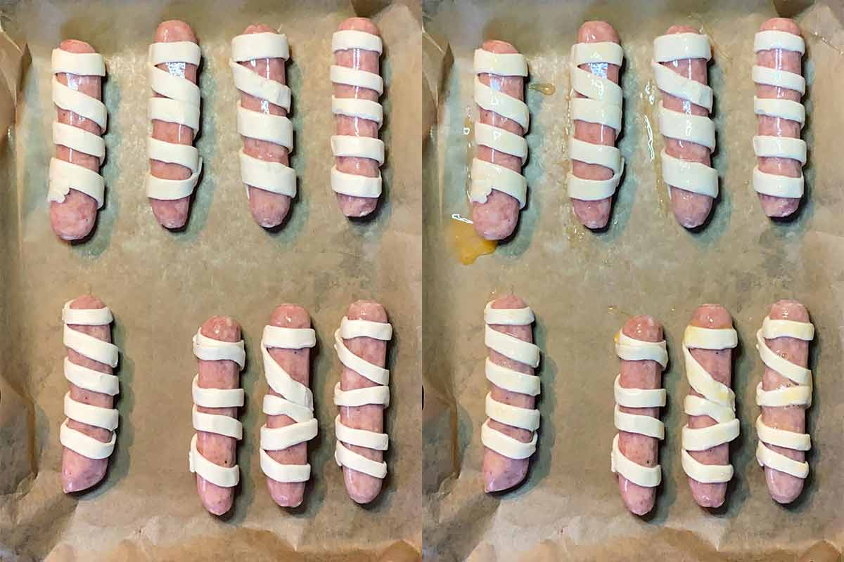 Two shot collage of pastry wrapped sausages on a baking tray, then with an egg wash.