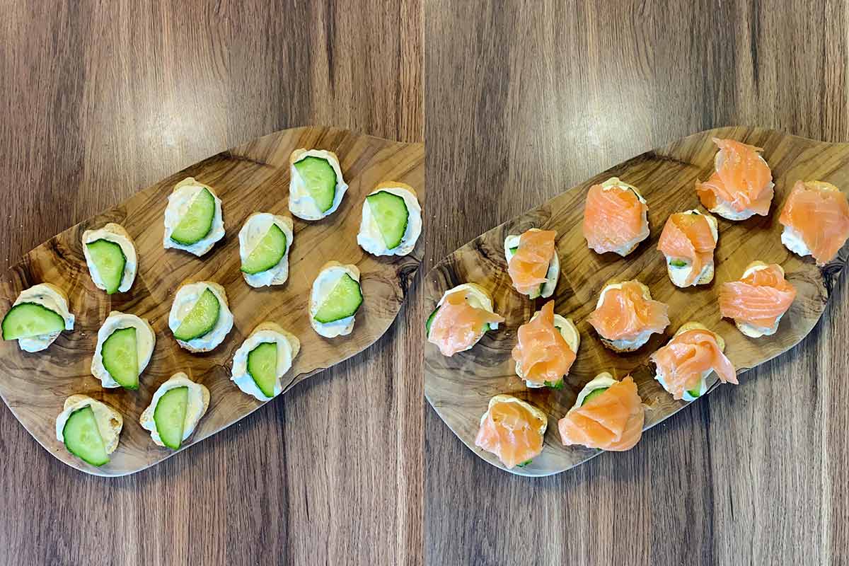 Two shot collage of canapes being made, first with cream cheese and cucumber then smoked salmon.