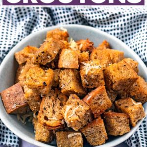 Sourdough croutons with a text title overlay.
