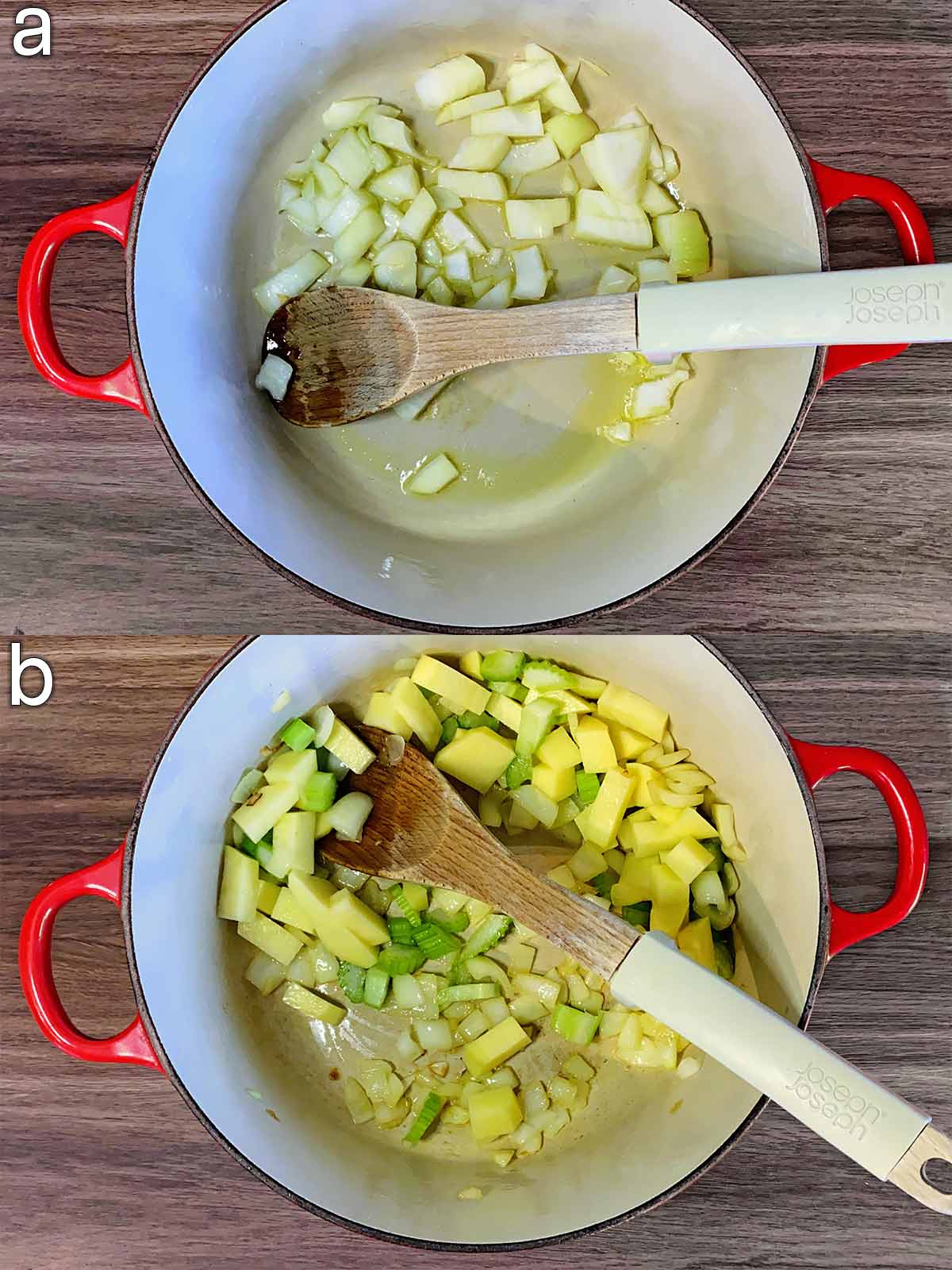 Two shot collage of a large pan with potato cubes cooking and then diced celery added.