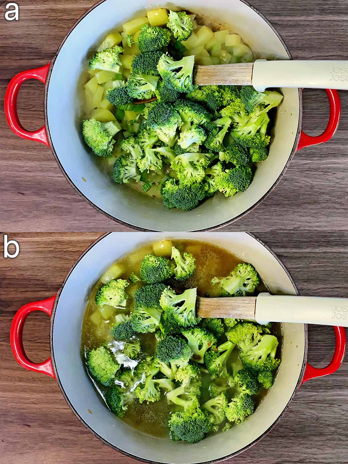Two shot collage of broccoli added to the pan and then stock added.