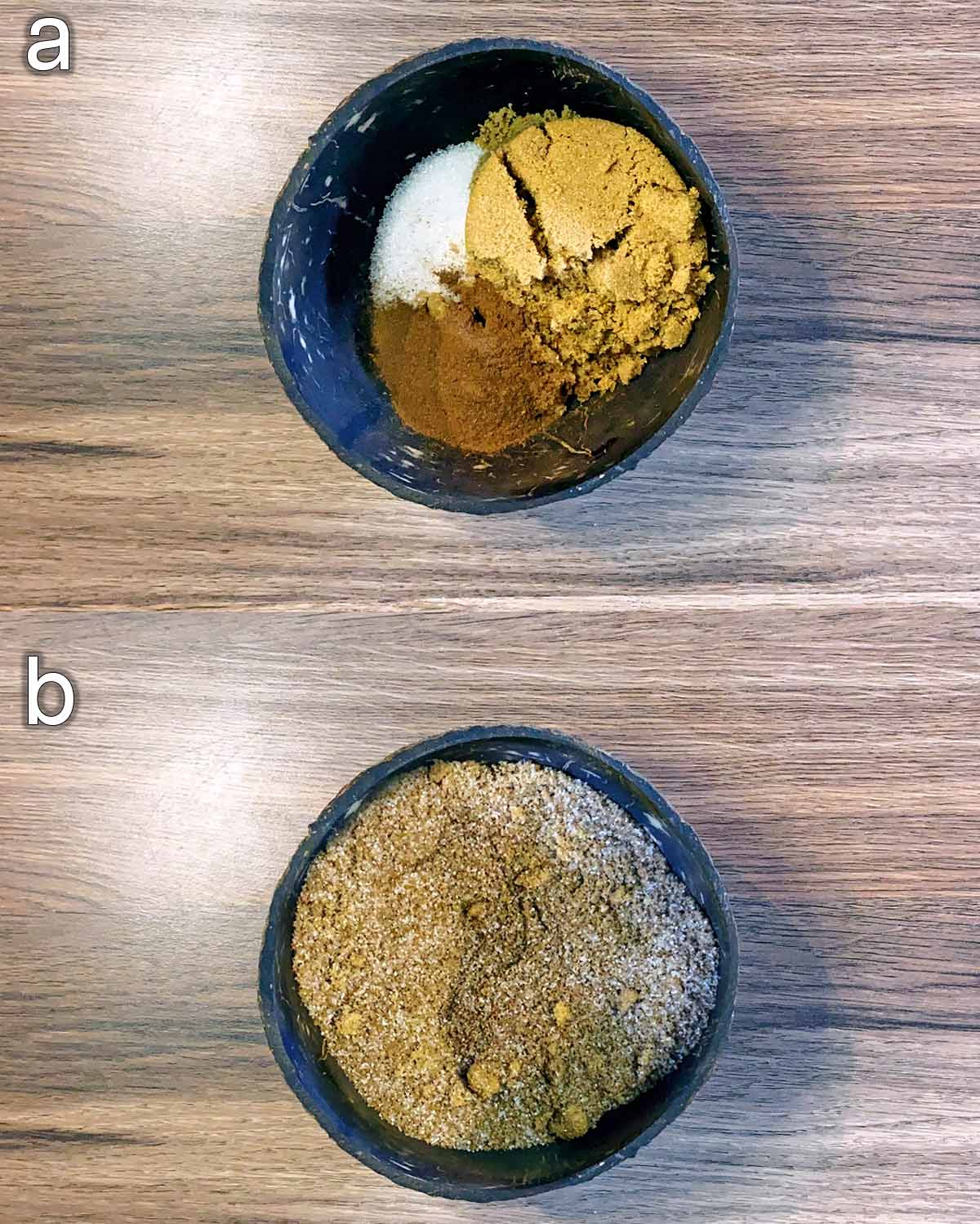 Two shot collage of a small bowl containing white sugar, brown sugar and ground cinnamon, before and after mixing.