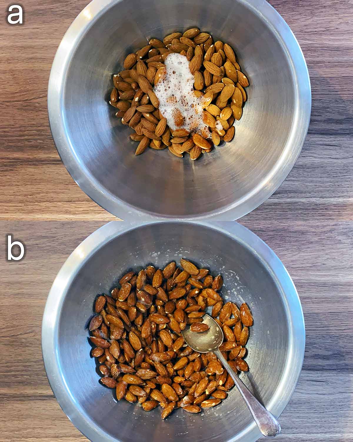 Two shot collage of a mixing bowl with almonds and the egg mixture in it, before and after mixing.