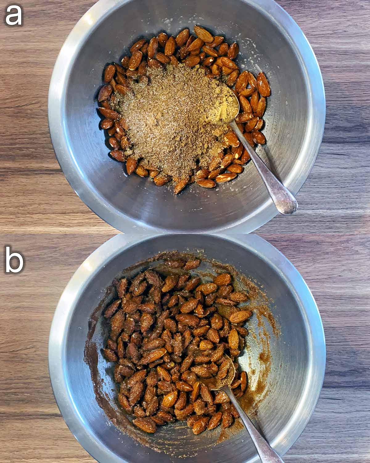 Two shot collage of the sugar mixture added to the bowl, before and after mixing.