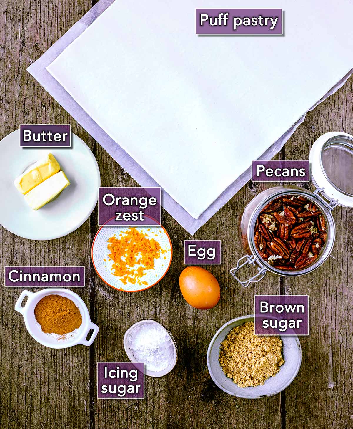 All the ingredients needed for this recipe with text overlay labels.