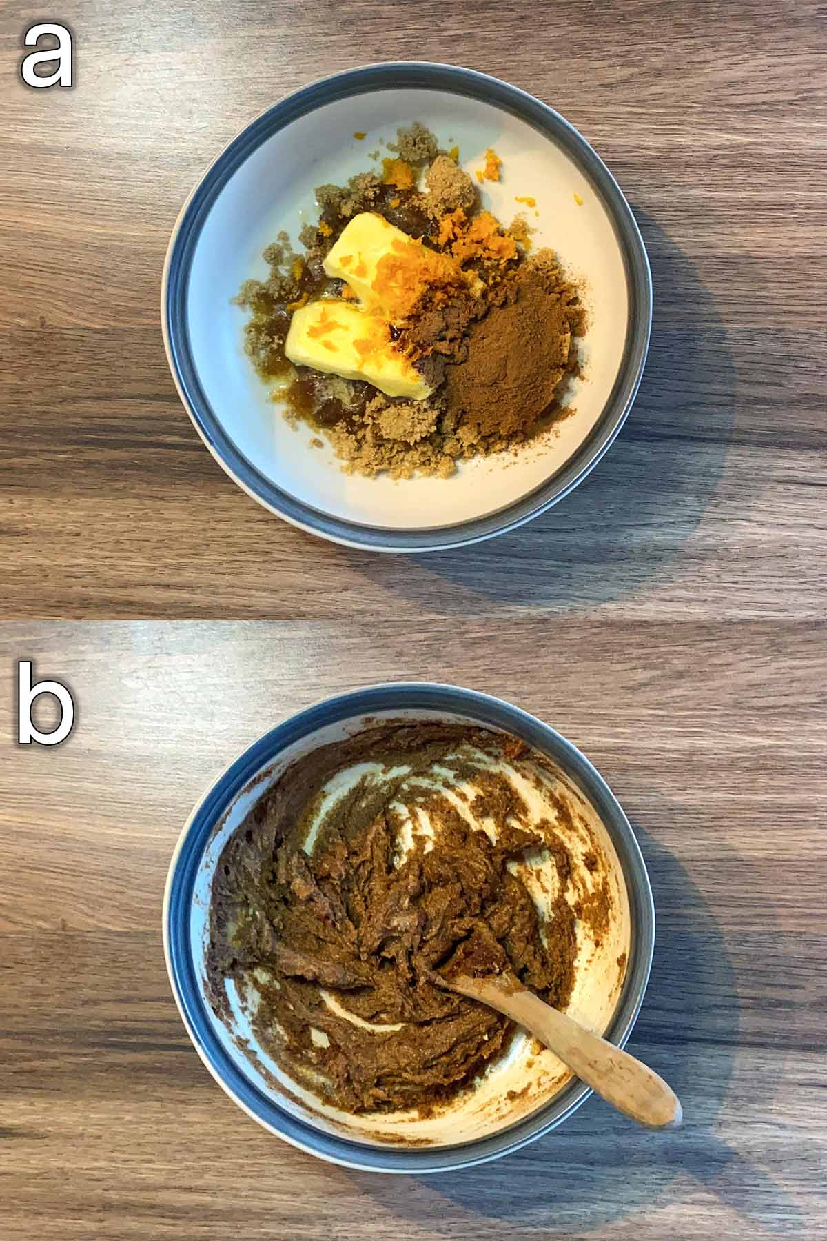 Two shot collage of cinnamon, butter and sugar in a bowl, before and after mixing.